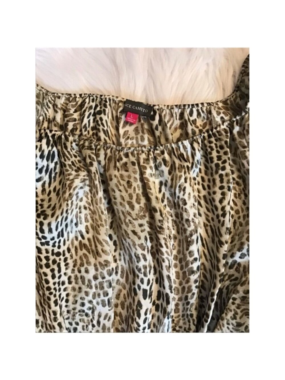 Vince Camuto Womens Casual Top Lg Brown Leopard 3/4 Sleeve Peasant Elastic Waist - Picture 4 of 5